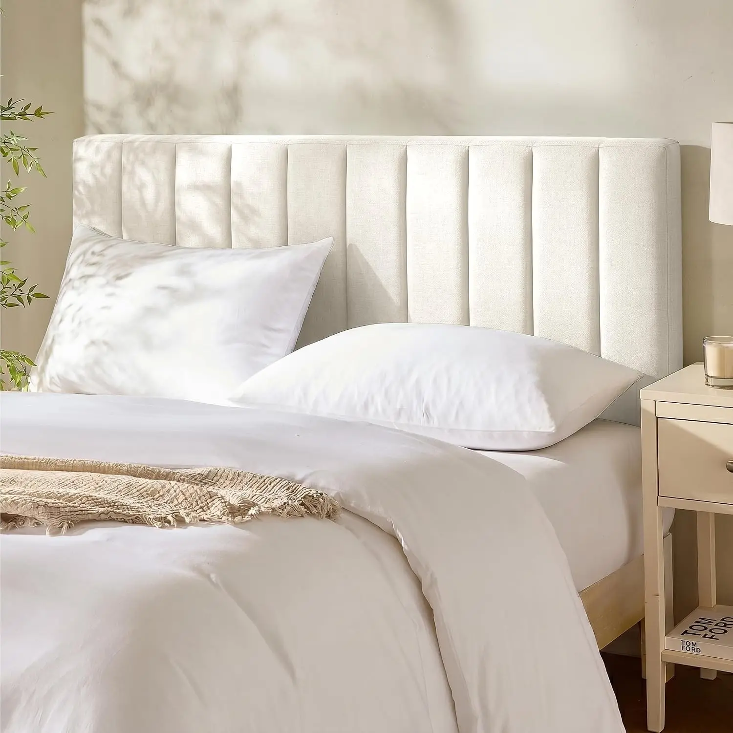 Wall Mounted Full Headboard Only, Bed Headboard Full Size | Easy Assemble, Floating Peel & Stick, Upholstered Channel Stitched, 3D Wall Panels, 5 Strips of 3M Tape Included, Off White