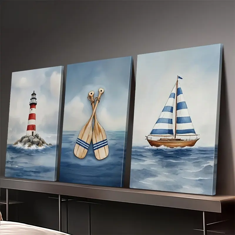 2D Flat, 3pcs 2D Flat Nautical Theme Wall Art Canvas Prints - Ocean Themed Lighthouse, Sailboat & Oars - Posters for Home, Office, Bedroom and Living Room Decorations - Ideal Gift for Sea Lovers, Maritime Décor, Frame, 2D Flat,Halloween Christmas