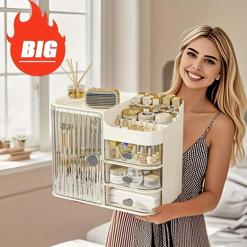 MDF Cosmetic Organizer Box - 3-Drawer, Compact, High-Quality Home Bathroom Storage for Skincare Products, Beauty Tools, Mirror-Included Daily Routine Decor Solution