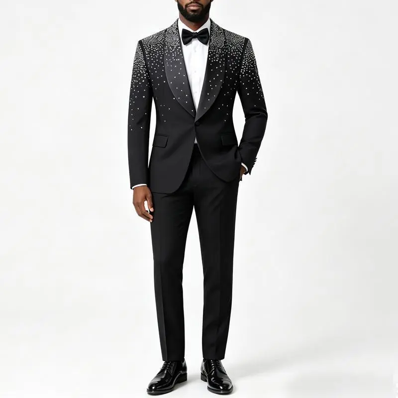 Men's Black Slim Fit Shawl Lapel Hot-Fix Rhinestone 2-Piece Suit, Formal Outfit for Wedding & Party Menswear Breathable Stylish Tuxedo