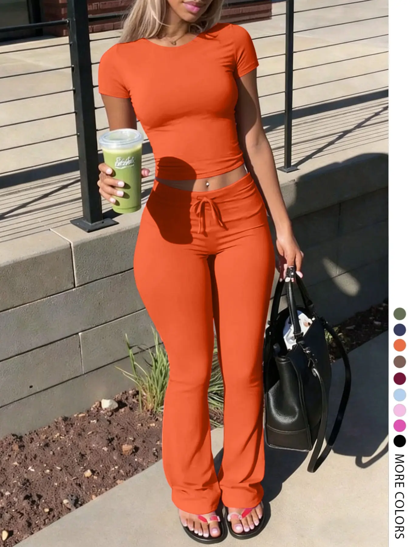 Lw Home Back To School， Women's Casual Two-Piece Set, Solid Color Round Neck Short Sleeve Top and Drawstring Pants, Perfect for Home Wear, All Seasons