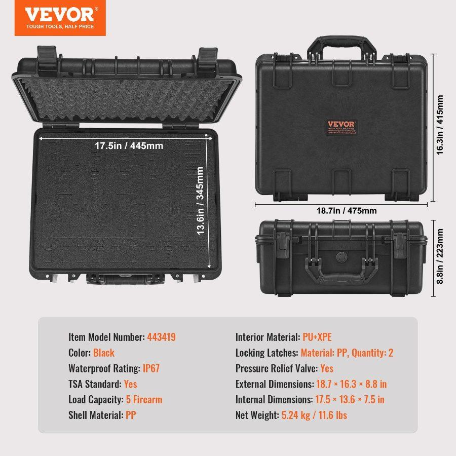 VEVOR Hard Pistol Cases with Pre-cut Lining, Waterproof Dustproof Hard Gun Case for 5 Pistol, 18.9×16.3×8.5 in Lockable Pistol Case, Black, 18.9X16.3x8.5"