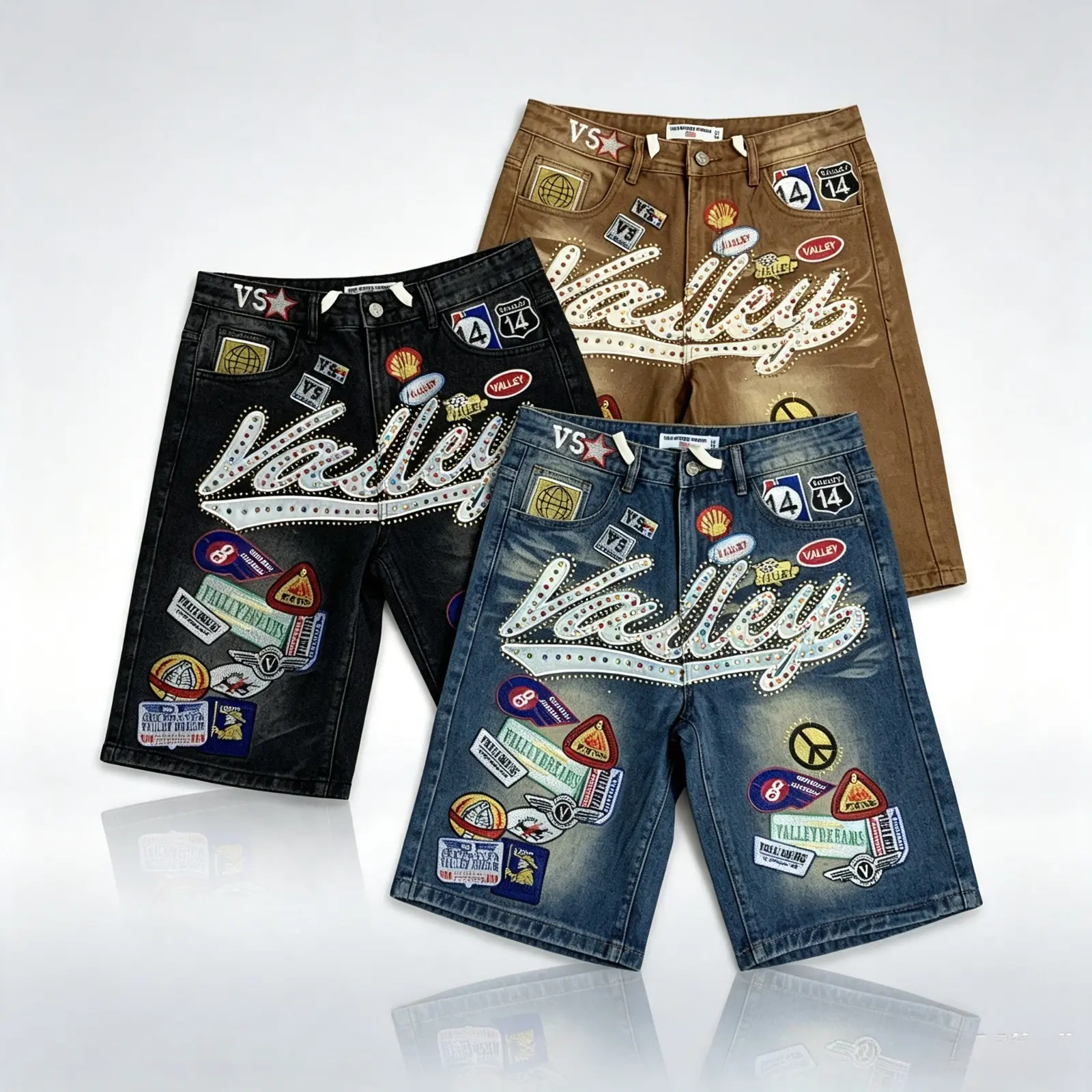 VALE Mens Y2K Hip Hop Full Rhinestone Black Baggy Denim Shorts, Letter Embroidery Cartoon Graphic Jorts, Loose Fit Vintage Washed Jean Shorts, Retro Streetwear Cargo Style Bottoms, Coachella Festival Outfit, Summer Casual Shorts for Men, 2026 Trendy Y2K