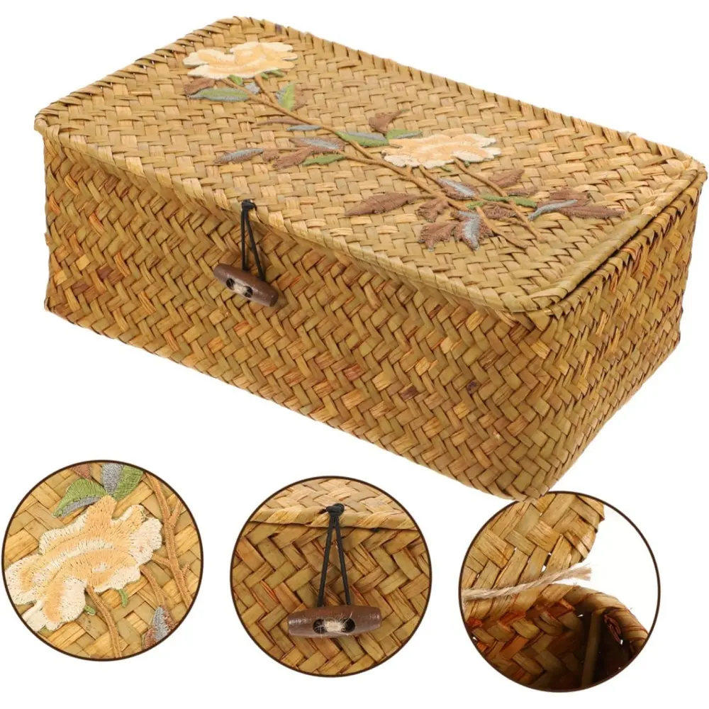 [PABHAN] Handwoven Rattan Storage Basket with Lid and Storage Bag, Bohemian Home Organizer Basket, Large-capacity Desktop Shelf for Storing Cosmetics, Jewelry, and Souvenirs, Embroidered Decorative Gift Basket, Graduation/birthday/Mother's Day Gift
