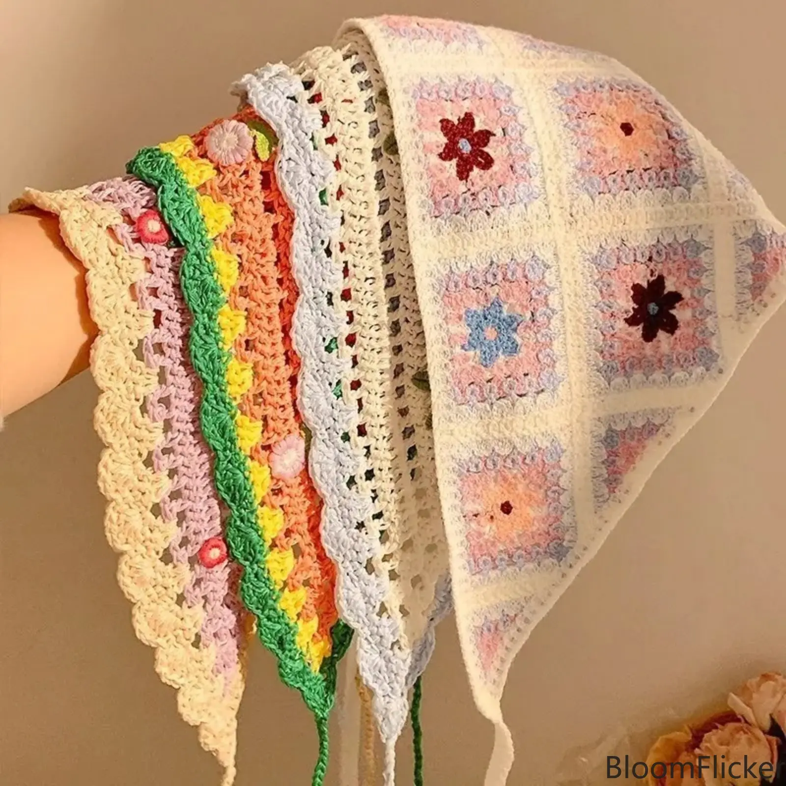 French Vintage Floral Crochet Triangle Headscarf, Handmade Hollow Out Knit Bandana, Soft Breathable Summer Head Wrap Kerchief, Sweet Retro Hair Accessory for Women Daily & Vacation Outfits