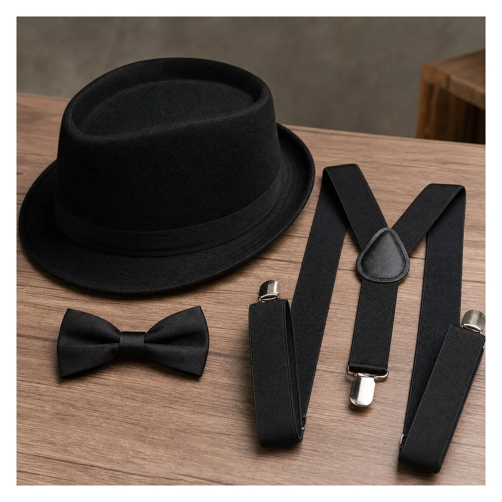 Men's 1920s Roaring 20s Gangster Costume Accessory Set - Fedora Hat, Y-Back Suspenders & Pre-Tied Bow TieGift