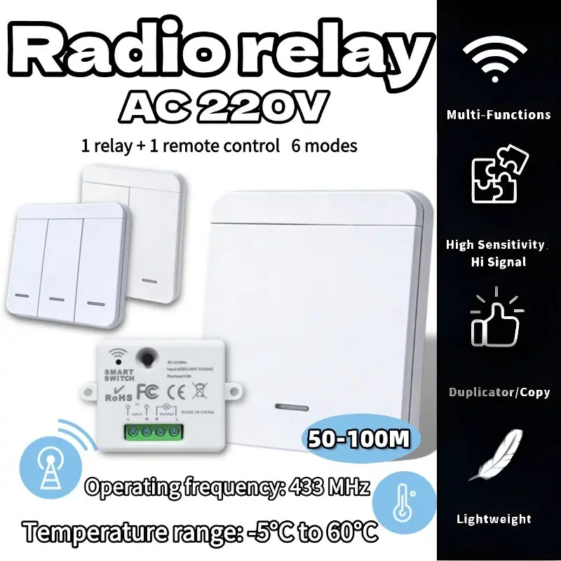 Ac220v 433mhz RF Wireless Remote Relay Switch, Single Channel Receiver Module + Wall Remote Transmitter, Ideal for Home Appliances