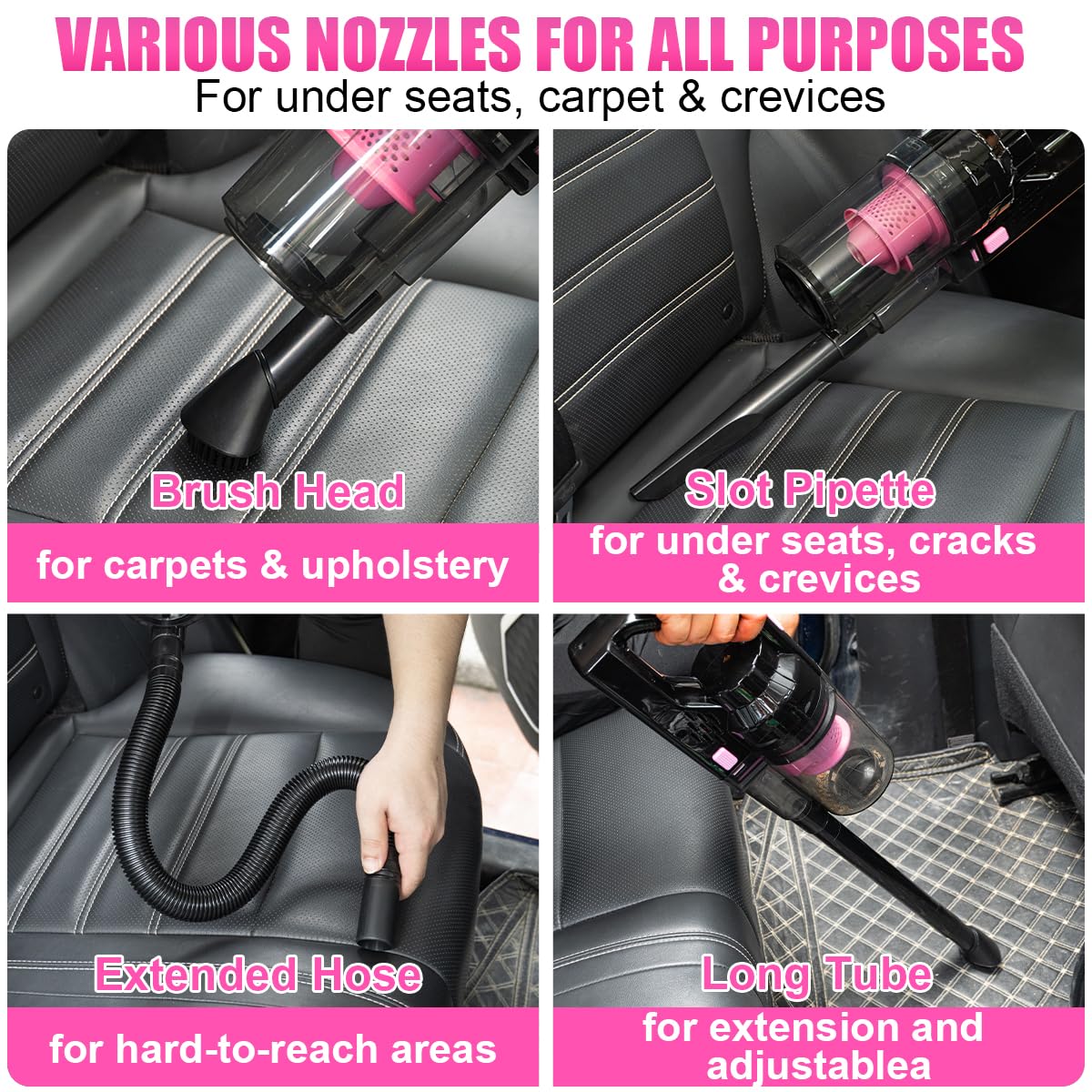 Car Vacuum Cordless Rechargeable, 8000PA High Power Handheld Vacuum Cleaner with 17PCS Car Cleaning Kit, Pink Auto Accessories for Women Gift
