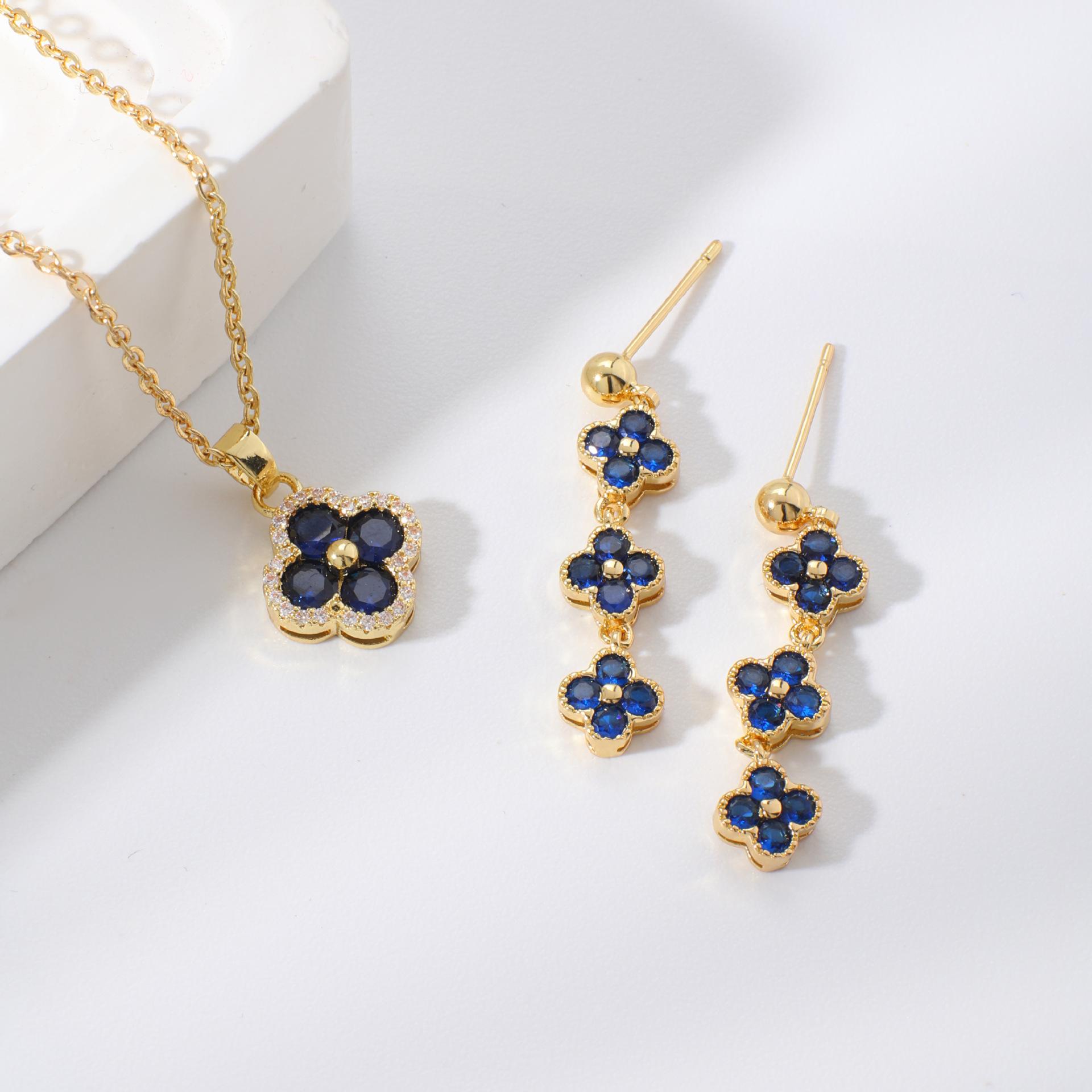 Colorful Lucky Clover Flower Elegant Fashion Copper Inlaid Zircon Earrings Necklace Jewelry Set