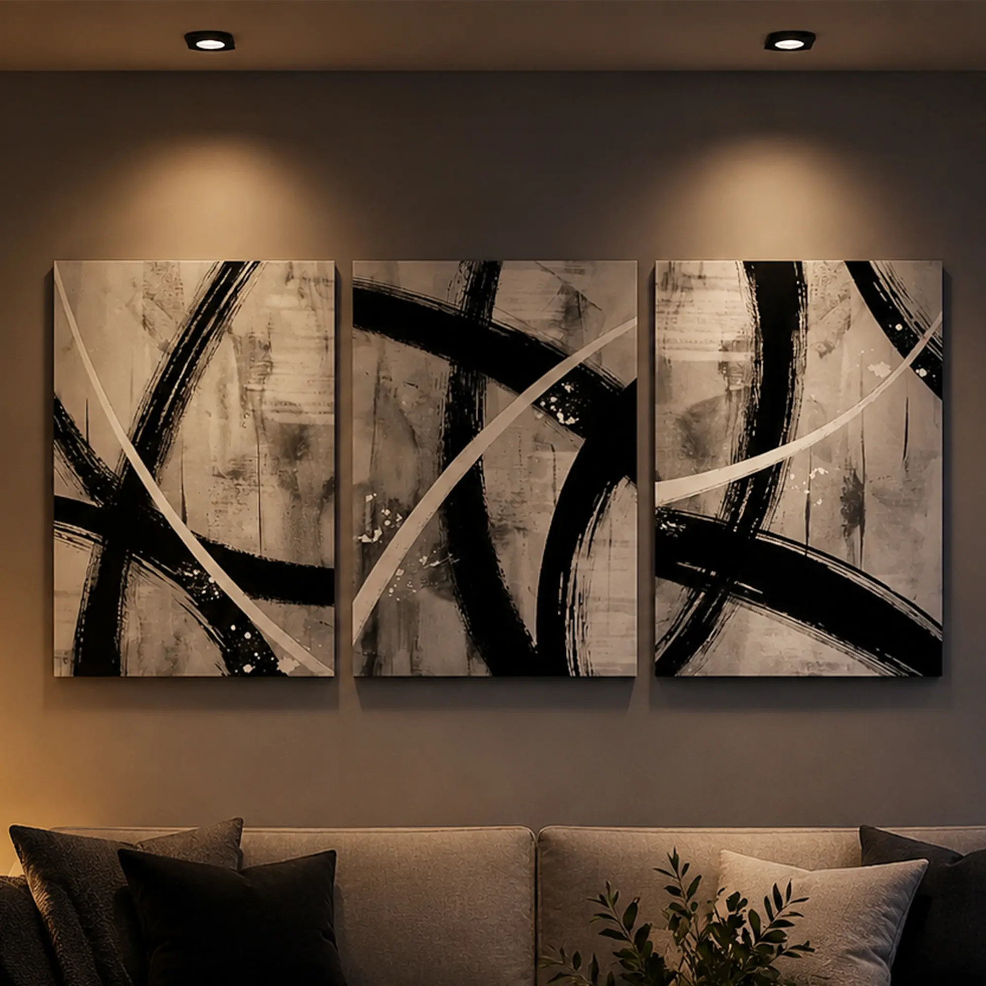 3pcs/Set Framed Canvas Wall Art, Geometric Paint Strokes Black Gray White Artistic Print, UV-Resistant Hanging Decoration with Wooden Frame for Bedroom Living Room, Ideal Home Decor Gift