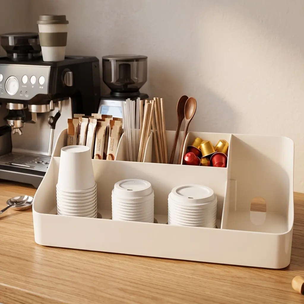 Countertop Coffee Storage Box Coffee Bar Organizer with Adjustable Dividers, Holds K-Cup Pods and Syrup Bottles, for the Kitchen, Office, Bar, or Tea Station, Countertop Storage Bins, Coffee Station Accessories