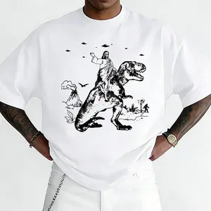 Jesus Riding Dinosaur T Rex Sarcastic T-Shirt Streetwear Crewneck