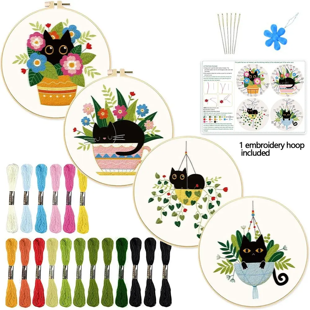 Beginner-Friendly Embroidery Kit, Cute Cat and Plant Patterns, Includes Thread, Tools, Instructions, Ideal for Adults and Sewing Enthusiasts, Embroidery Craft, Embroidery Kit For Beginners
