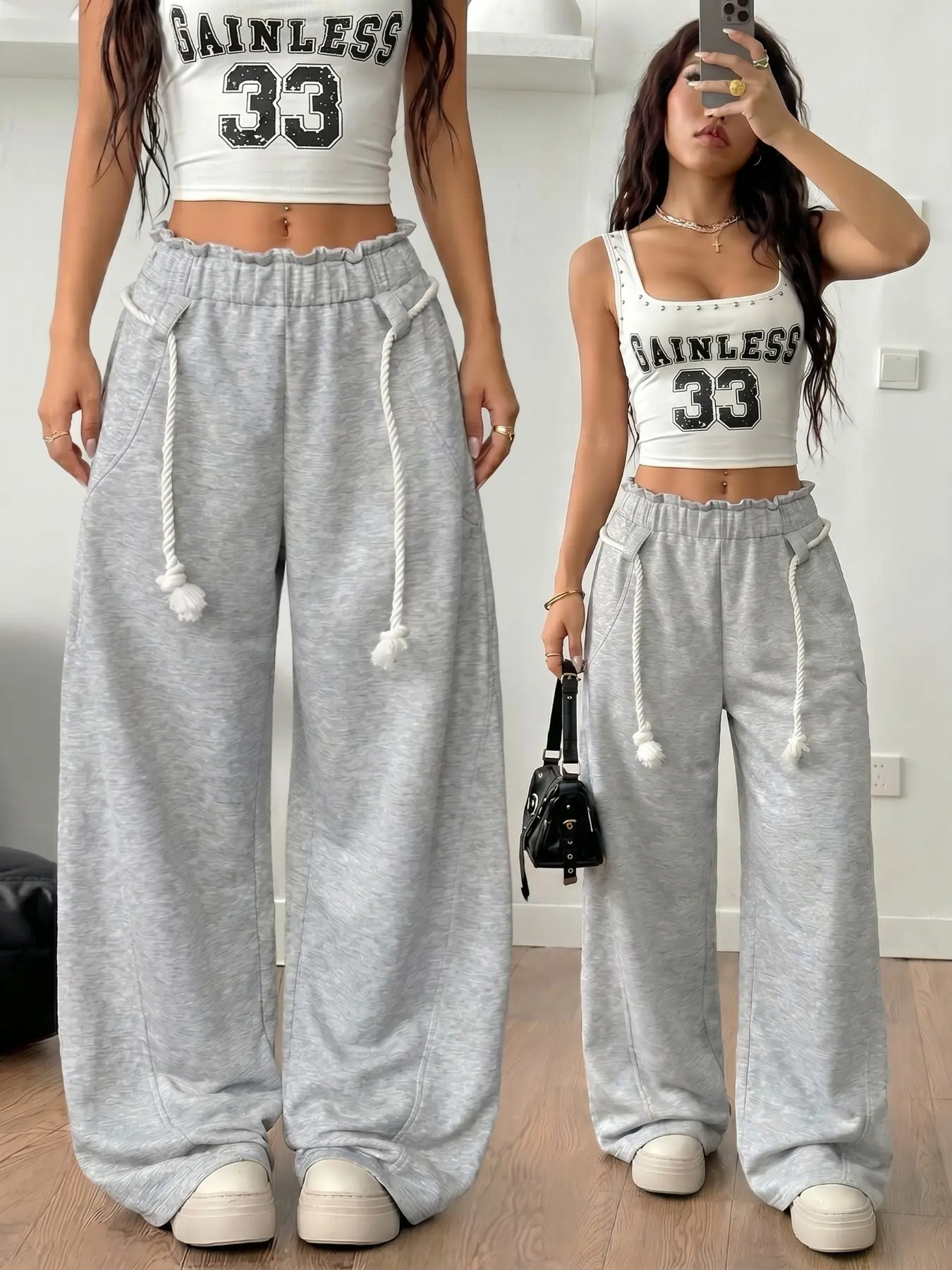 Heather Grey Loose Wide Leg Baggy Sweatpants, Oversized, Ruffled Elastic Waist + Adjustable Rope Drawstring, Curved Seam + Side Pockets, High Waist Drape Straight Fit, Soft Skin-Friendly Fabric, American Street Lazy Style, Daily/Commute Wear