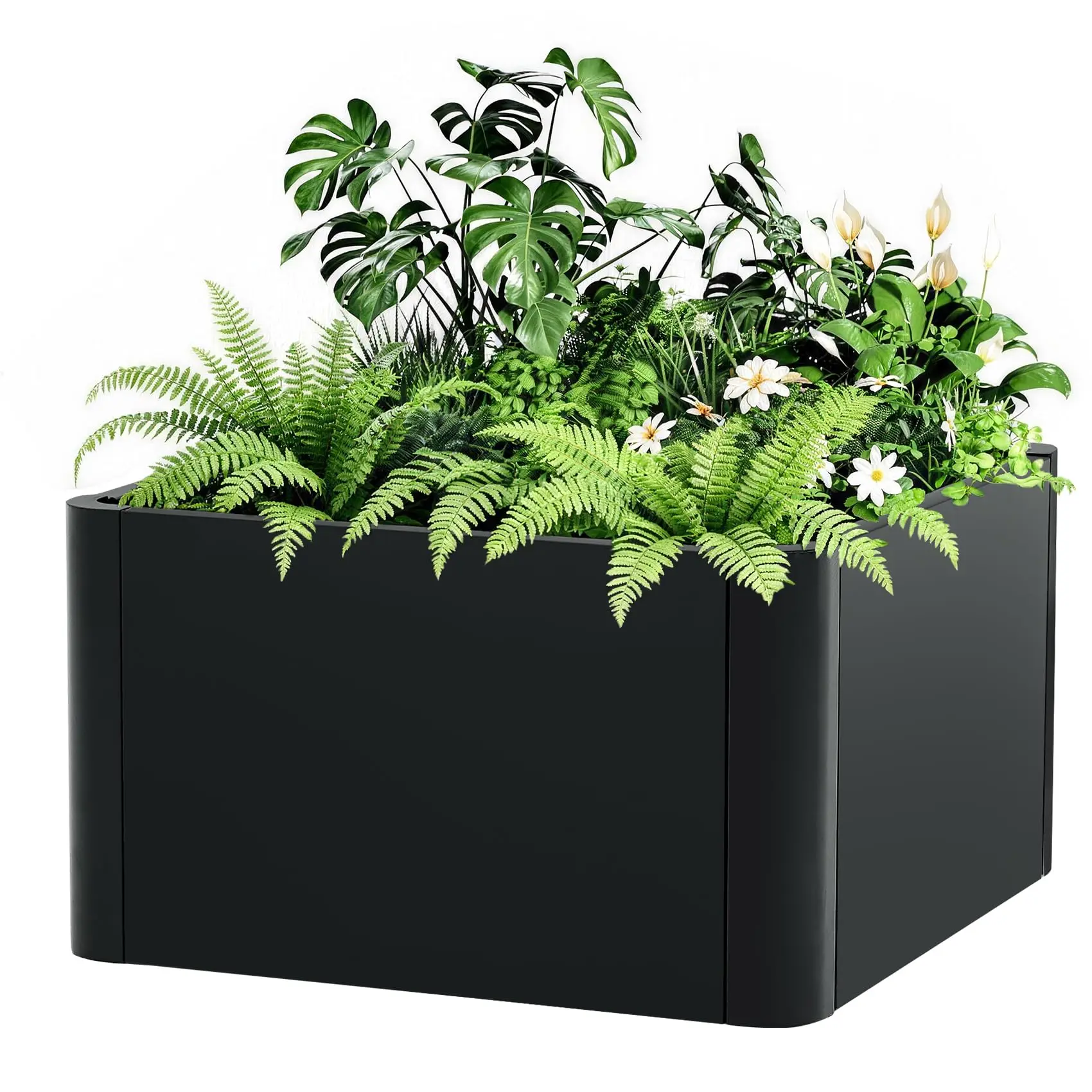 Square Heavy Duty Black Metal Planter Box, Snap-on Assembly Raised Bed with Drainage Holes for Patio Balcony Garden Plants