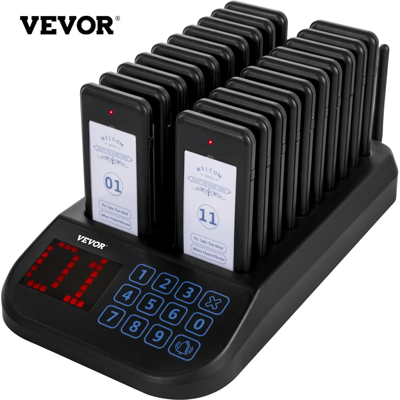 【DealsForYouDays】VEVOR F103 Restaurant Pager System 20 Pagers, Max 98 Beepers Wireless Calling System, Touch Keyboard with Vibration, Flashing and Buzzer for Church, Nurse, Hospital Hotel