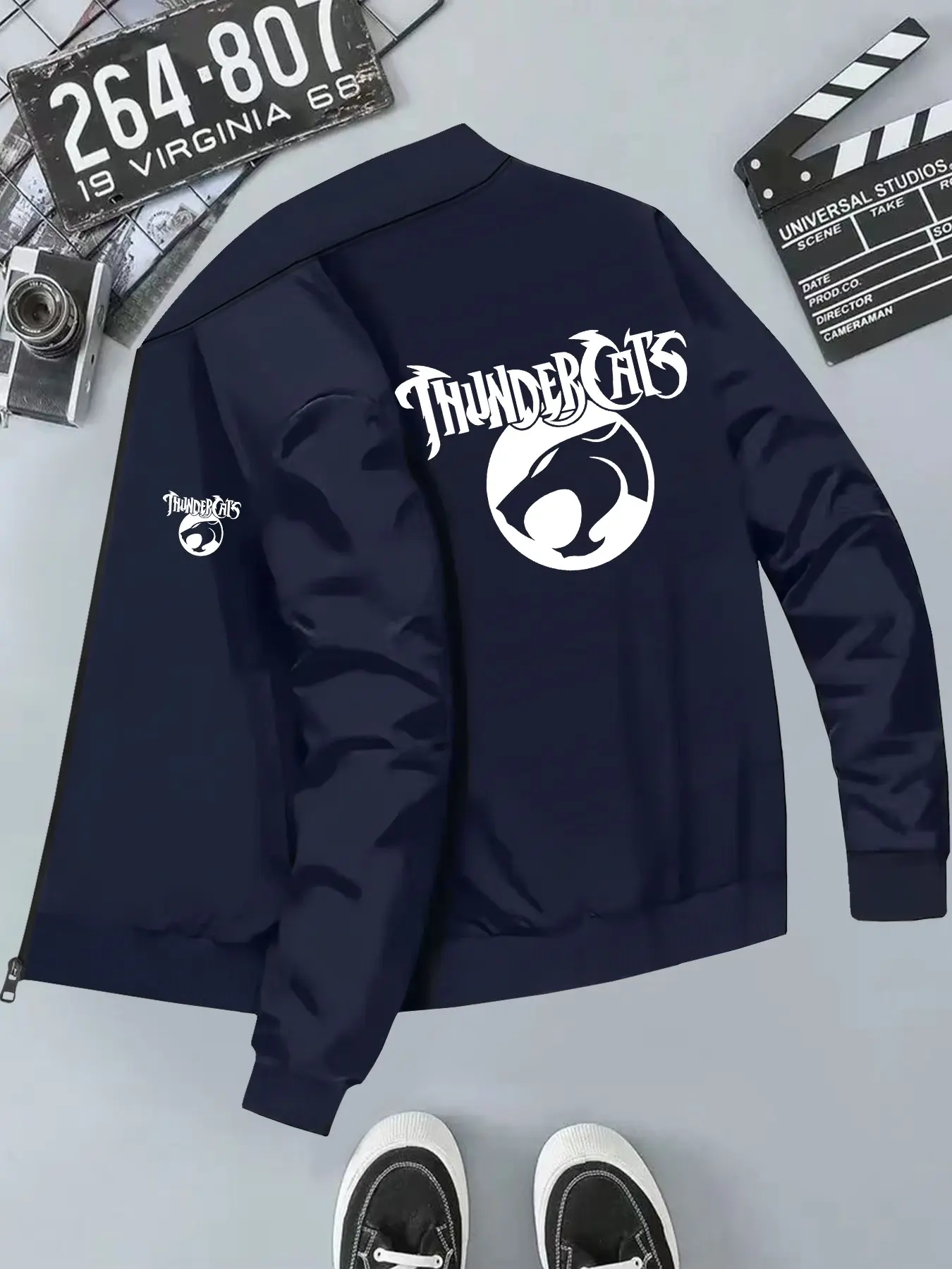 Thunder Cat Pattern Print Men's Casual Jacket, Long Sleeve Loose-Fit Outerwear, Geometric Design, All Seasons Wear, H-Type Silhouette