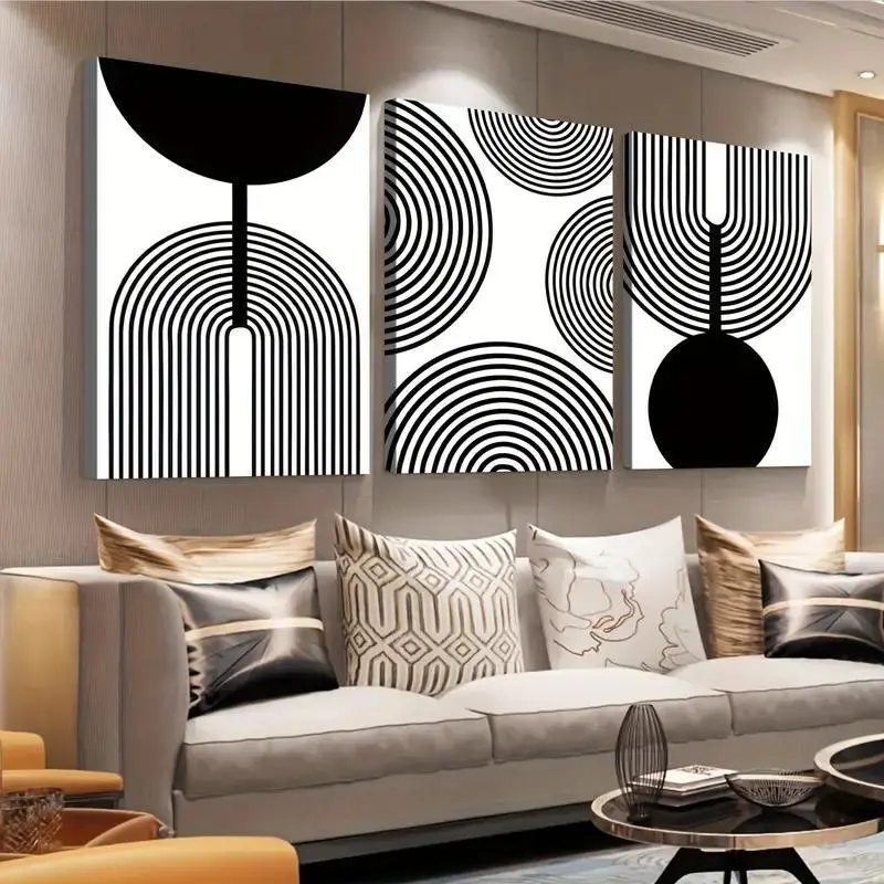2D Triptych Black and White Abstract Geometric Gallery Framed Canvas Wall Art, Modern Minimalist Line Decorative Painting, suitable for Halloween and Christmas decorations. It is an ideal choice to enhance the ambiance of the living room, bedroom, and kit