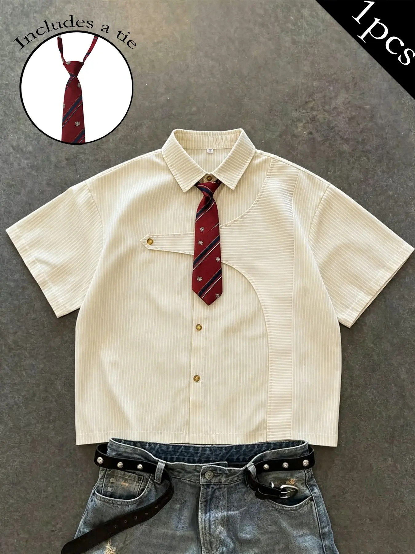 Same design for men and women. Summer streetwear, American retro, collegiate style, small-scale, irregularly patterned, striped, short-sleeved shirt. Includes a complimentary tie. A stylish, edgy, versatile shirt perfect for any occasion.