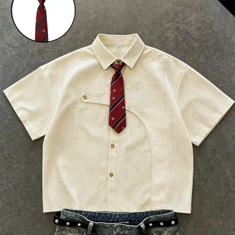 Unisex Casual Comfy Collared Versatile Summer Striped Pattern Short-Sleeved Shirt with Tie, American Retro Preppy Streetwear for Various Occasions