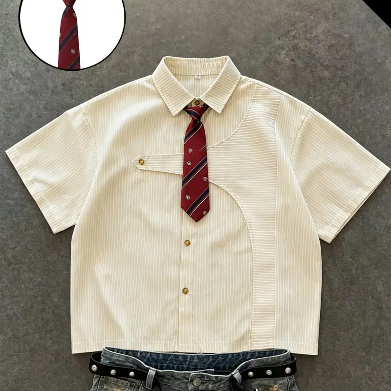 Unisex Casual Comfy Collared Versatile Summer Striped Pattern Short-Sleeved Shirt with Tie, American Retro Preppy Streetwear for Various Occasions
