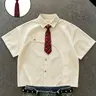 Unisex Casual Comfy Collared Versatile Summer Striped Pattern Short-Sleeved Shirt with Tie, American Retro Preppy Streetwear for Various Occasions