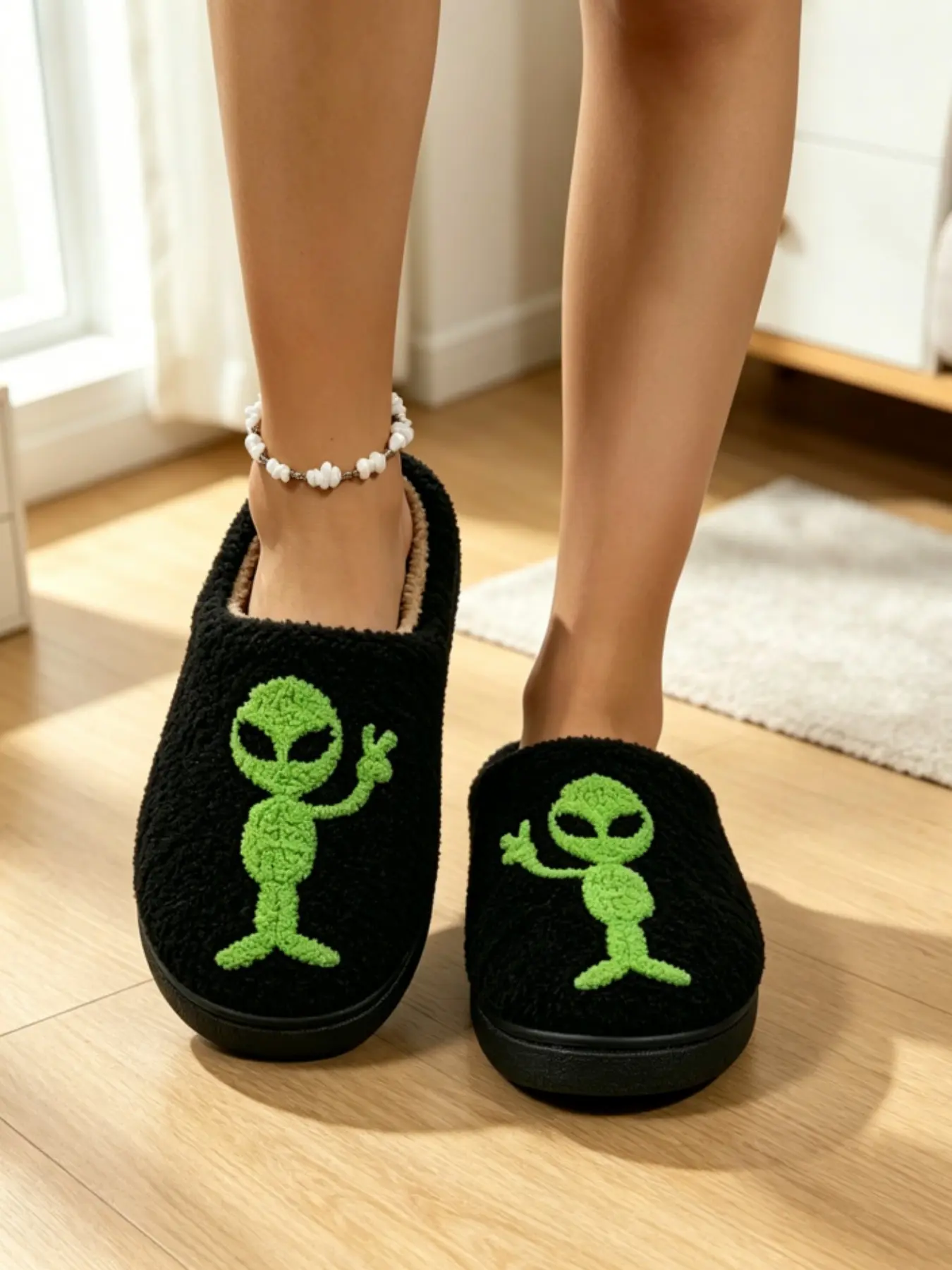 Women's Cool Alien Embroidered Plush Slippers, Non-Slip Indoor Outdoor Use, Casual Style, All Seasons, Less Than Ankle Height