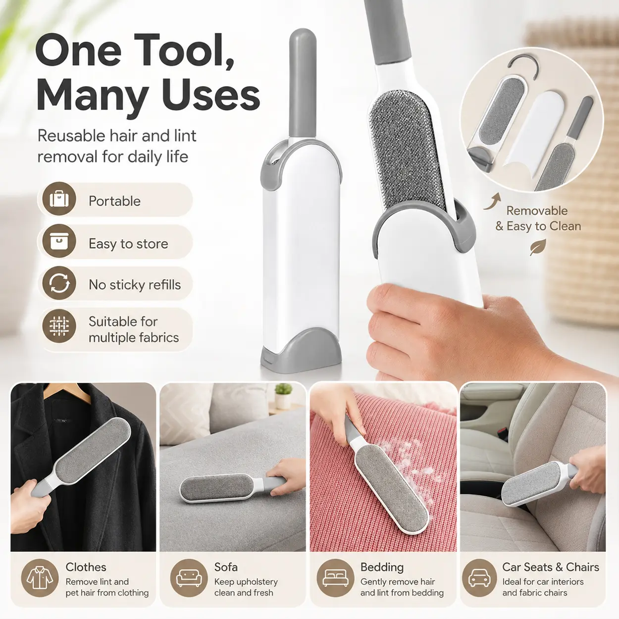 Reusable Pet Hair Remover Set 2Pcs, Static Fur and Dust Cleaning Brush with Slide Out Storage Base, Double Face Lint Brush for Clothing, Suits, Wool Fabric, Sofa Covers, Blankets, Carpets, Car Interior, Pet Owners and Household Cleaning