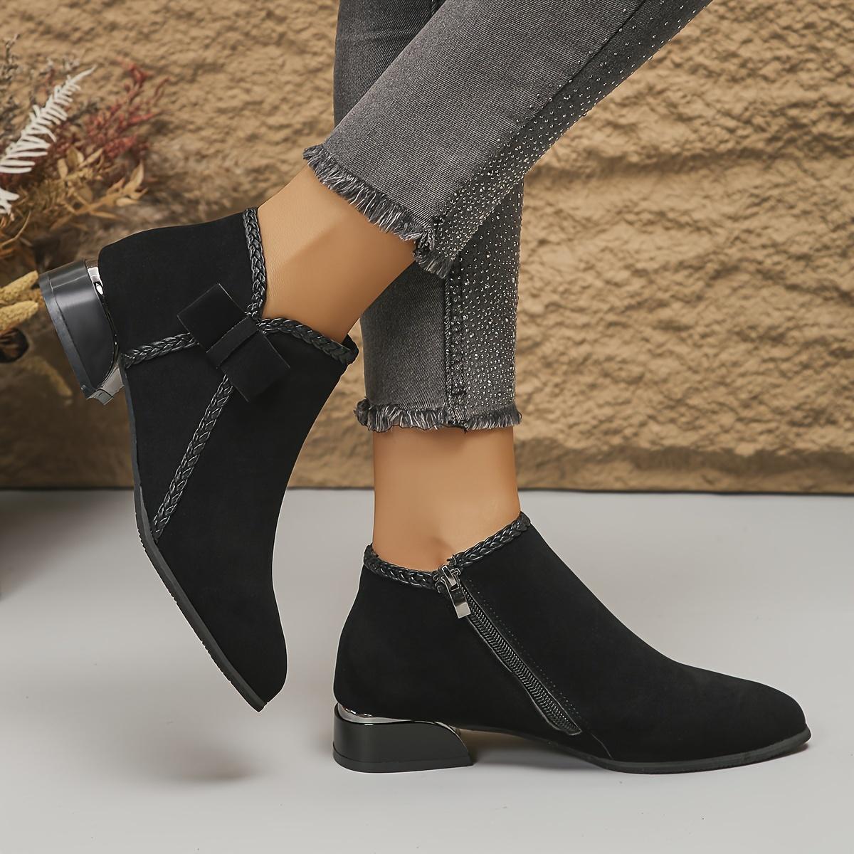 New Autumn/Winter Women's Mid-Heel Ankle Boots, Pointed Toe Single Boot with Bow, Fashionable and Versatile, Chunky Heel, Side Zipper, Women Shoes