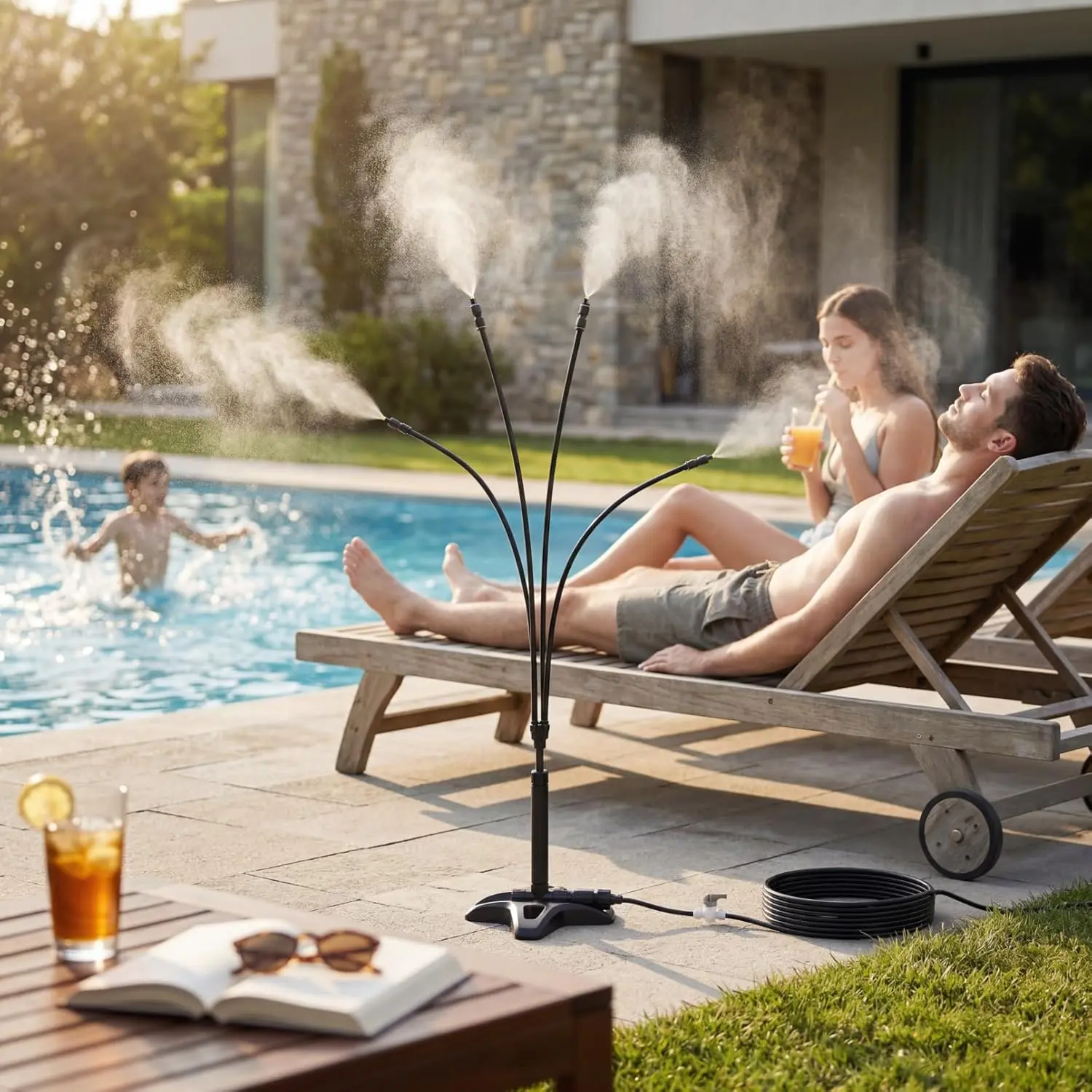 Outdoor Standing Mister, 4 Adjustable Mist Heads with 29FT Hose, Freestanding Patio Misting System with Built-in Switch, Connect Multiple Misters for Backyard, BBQ, Poolside Cooling
