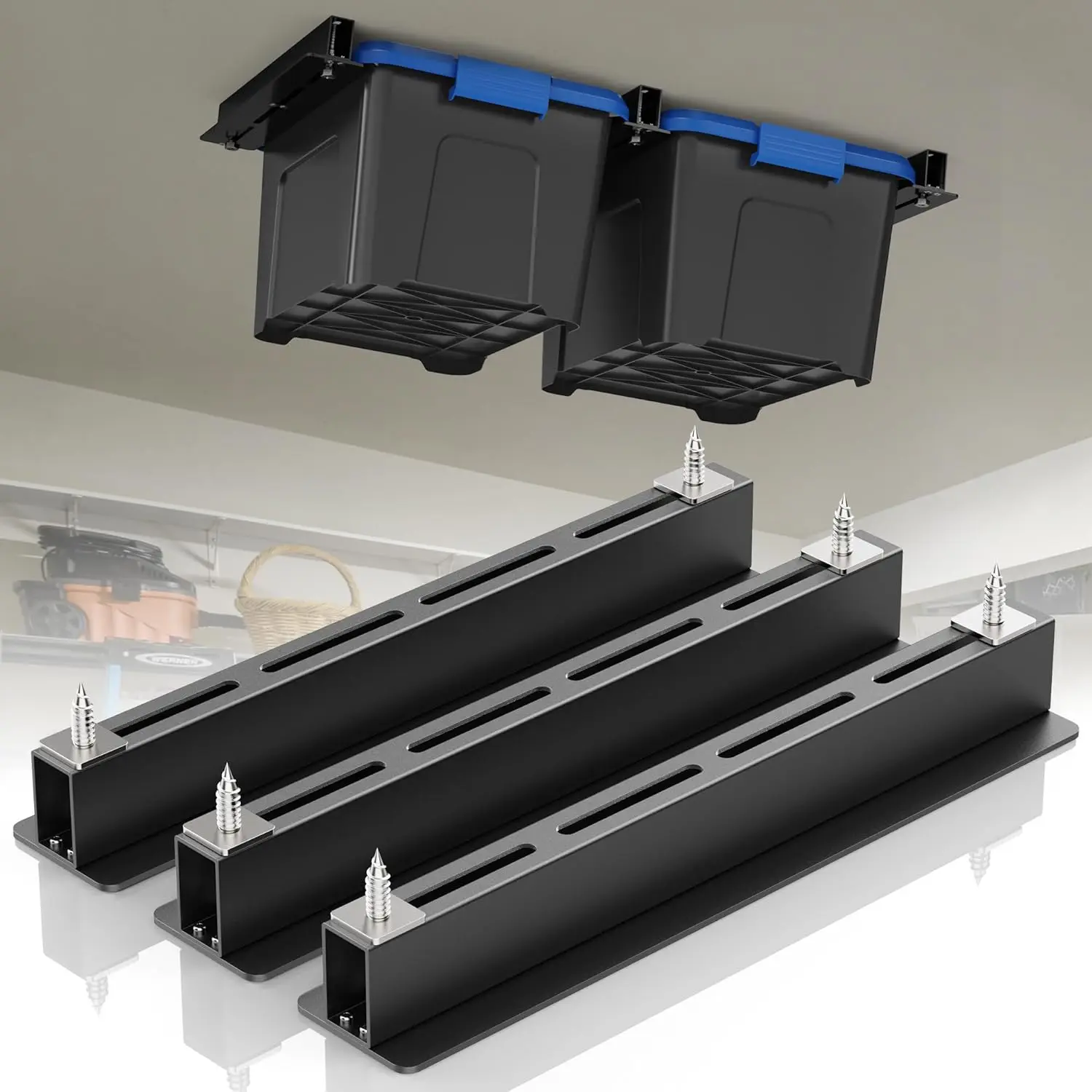 Overhead Garage Storage Rack, Garage Ceiling Storage Racks, Heavy Duty Storage Bin Ceiling Rails for 27 Gallon ,Tote Storage Rack System -Black (3 Sets for 2 Bins)