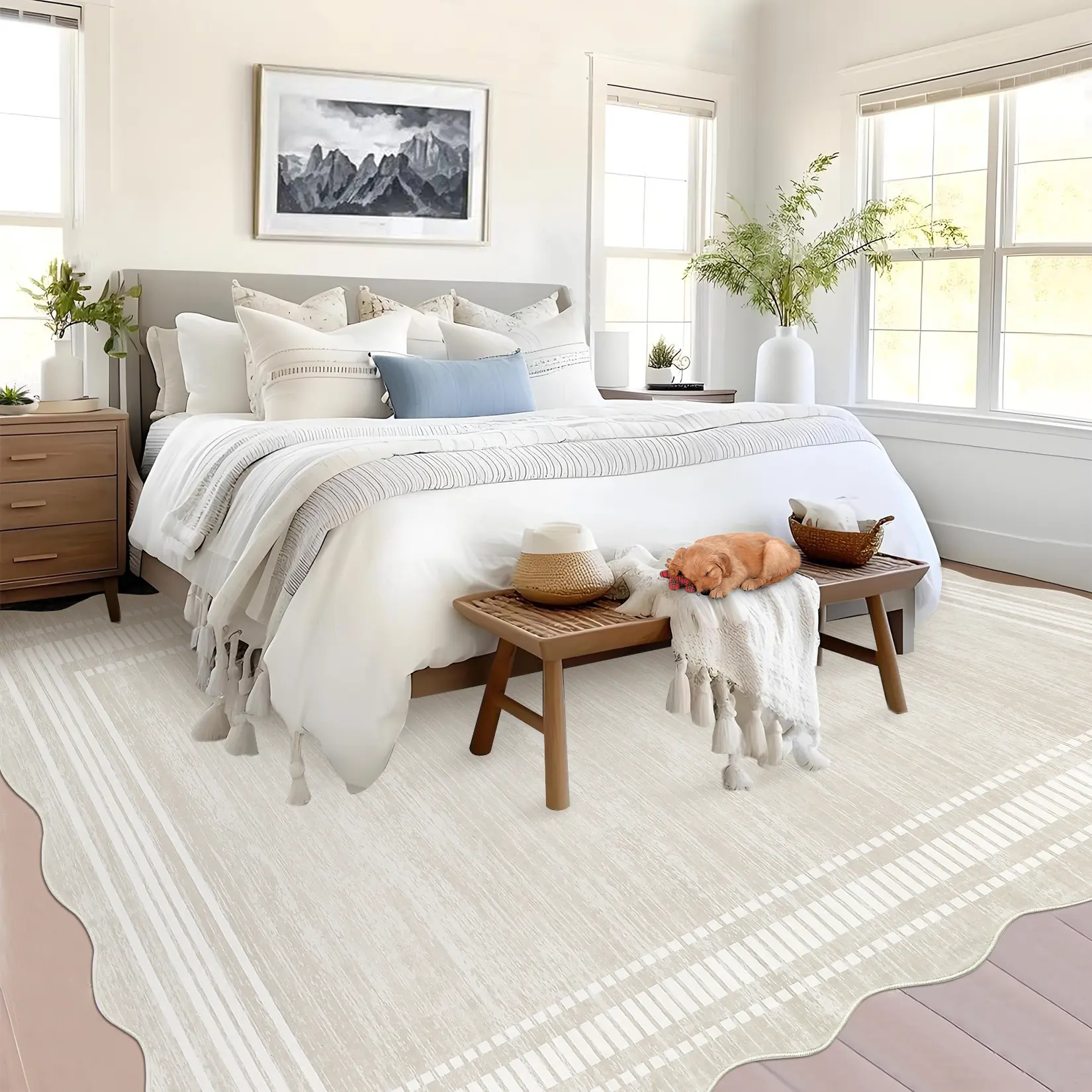 Garvee Washable Scalloped Edge Area Rug, Modern Solid Low-Pile Non-Slip, Mark-Resistant & Non-Shedding Floor Carpet for Living Room Bedroom Dining Room Home Office - Navy Blue/Ivory/Black, Multi-Size, USA