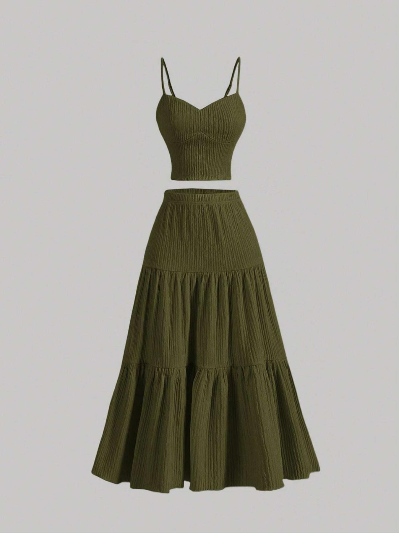 Women's Solid Woven Crop Cami Top & A-line Skirt Two-piece Set Womenswear, Casual Fashion Cozy Two Piece Outfits for Daily Outdoor Wear, Ladies Clothes for Summer