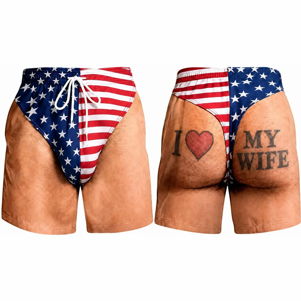 Men's Novelty Patriotic Swim Trunks - American Flag 'I Heart My WIFE' Beach Shorts with Mesh Lining, Funny Ugly Summer Hawaiian Shirt Vacation Gifts for Him