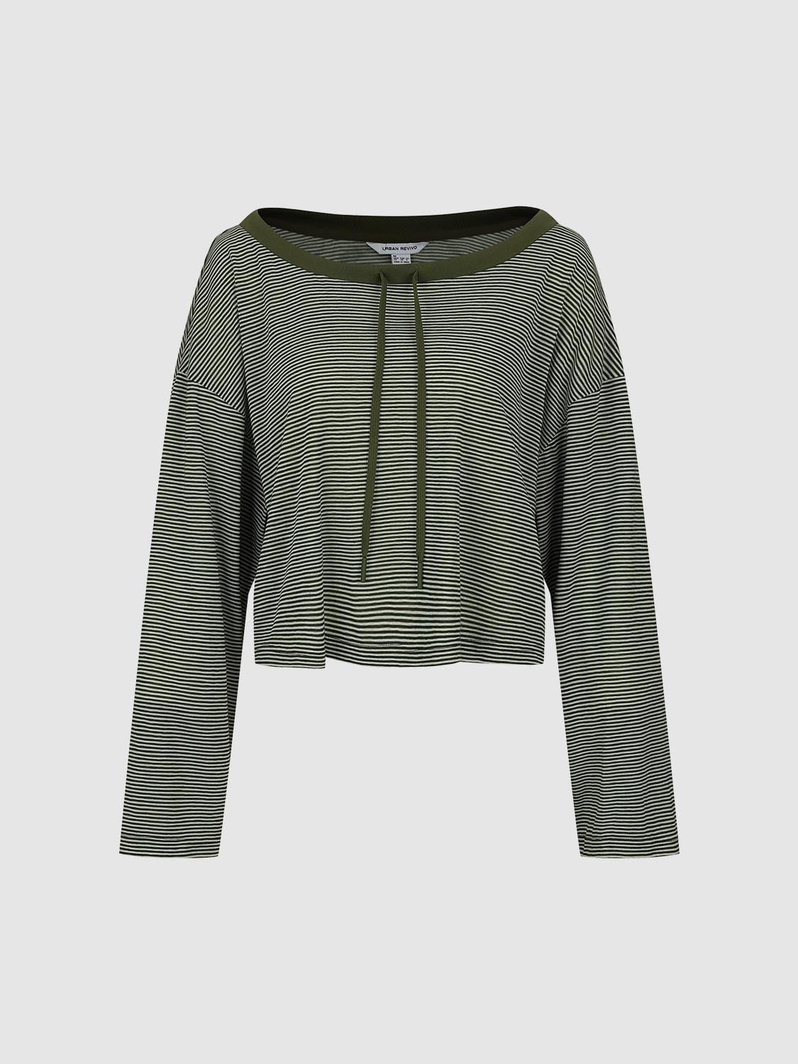 URBAN REVIVO 2026 Summer Women's Trendy Color-Block Stripe Panel Drawstring Tie Lyocell T-Shirt UYV460067