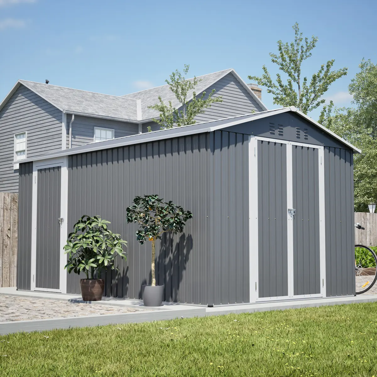 Aobtkel 8x12 FT Rectangular Outdoor Metal Storage Shed, 94.63x146.00x79.27 in Gardening Unit with Aluminum Frame, Lockable Main Door, Additional Side Door & Water Resistant Design for Grey Backyard Patio, Outdoor Storage