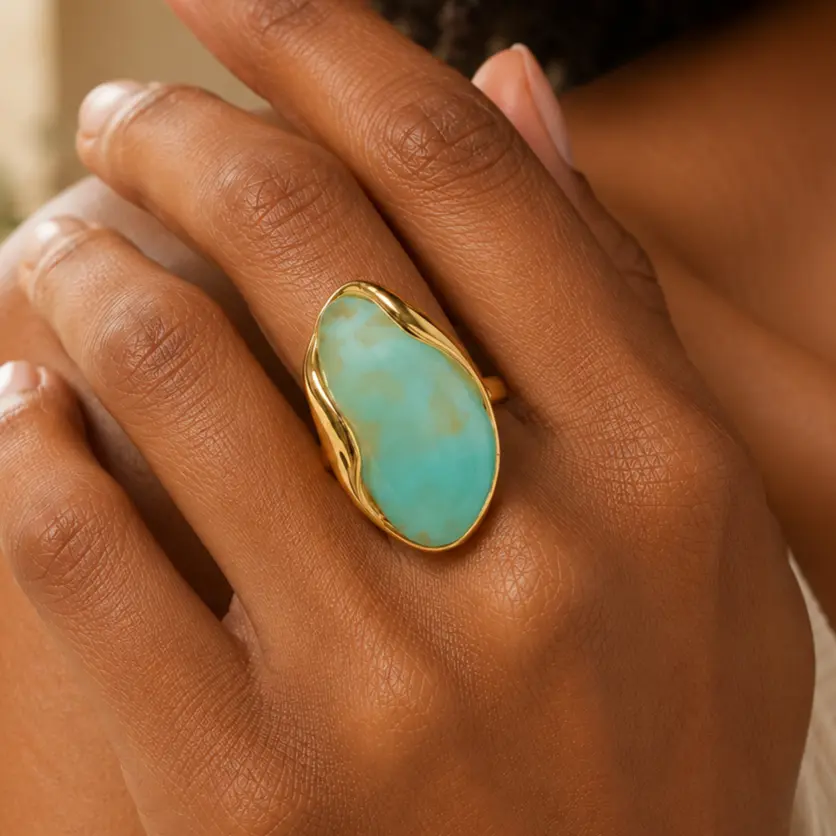 14K Gold Plated Irregular Blue Resin Ring for Women, Open Adjustable Chunky Cocktail Ring with Turquoise-Like Matrix Pattern, Vintage Statement Wrap Finger Jewelry