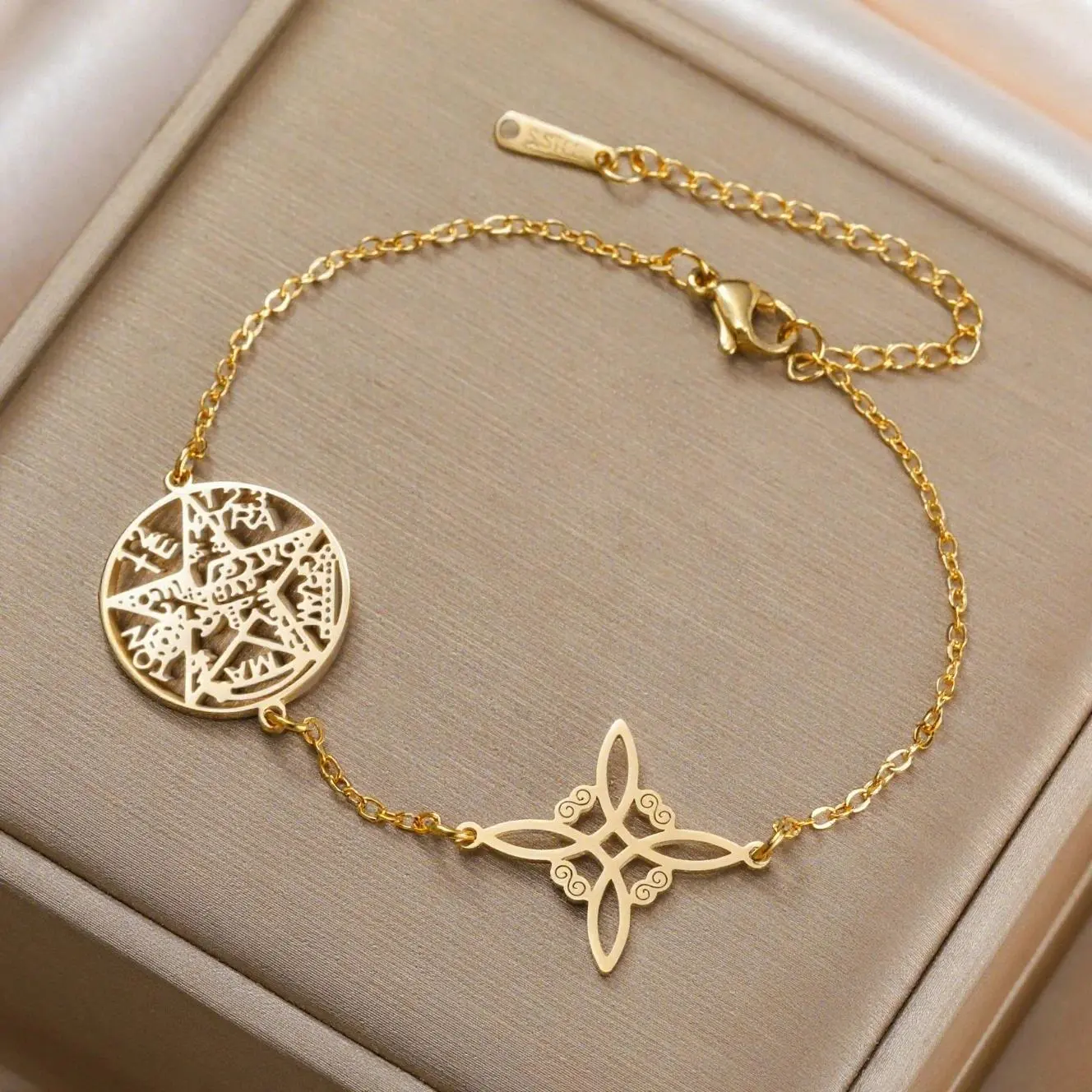Double Amulet Tetragrammaton Witch Knot Charm Bracelet Women Stainless Steel Gold Color Bracelets Witchcraft Pentagram Jewelry