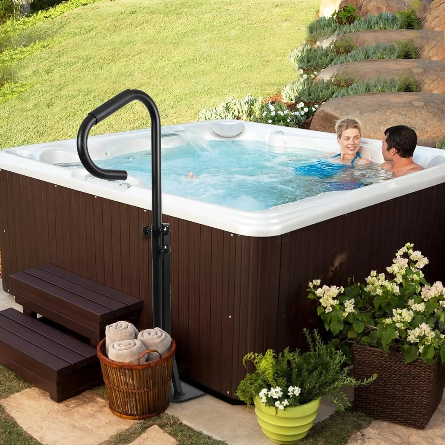Garvee 600lbs Heavy Duty Hot Tub Handrail – Adjustable Height (56"–57"), 360° Rotating Safety Spa Rail, Slide-Under Base, Skid-Proof Grip, 304 Stainless Steel, Pool & Spa Accessory, Indoor/Outdoor Use