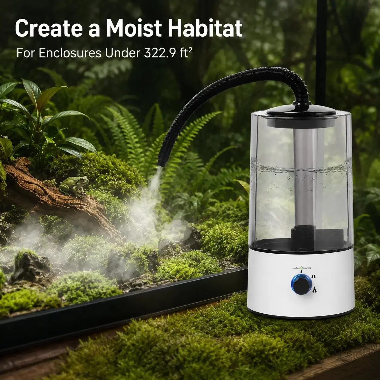 Reptile Pet Humidifier Fogger - 4L (1.06 Gal) Water Tank, White Classic Design, Anti-Dry Burn Protection, Humidity Control, Bacteria Prevention, Moist Environment, 110-220V Covers Common Home Outlets, Assembly Required for Tortoises, Chameleons, 1.