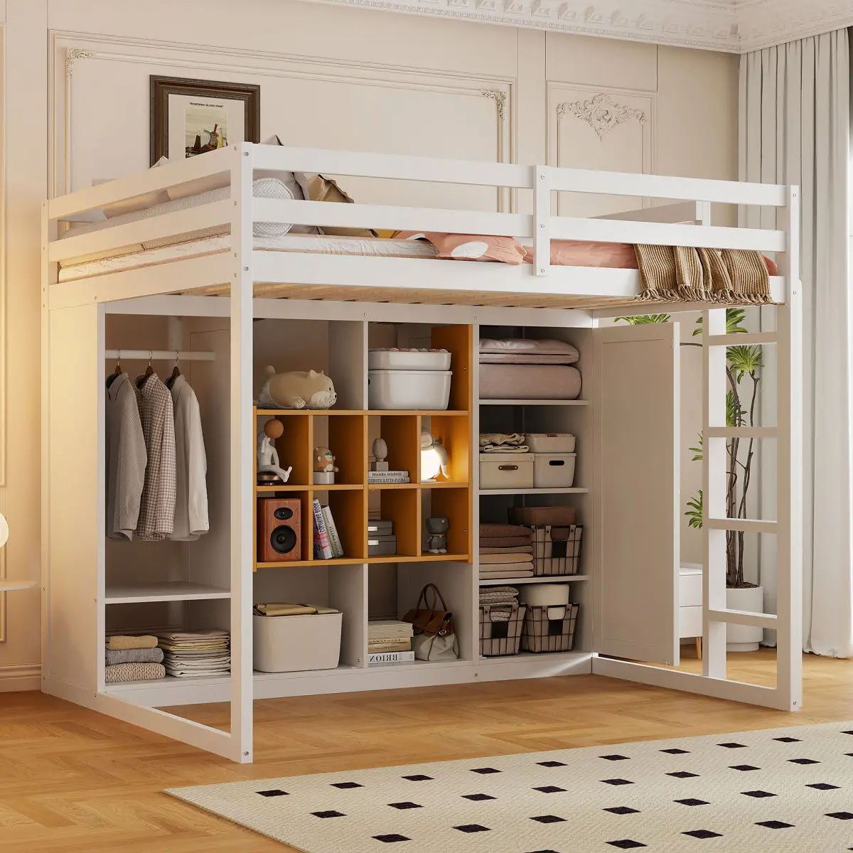 Full Size Wood Loft Bed with Wardrobe, Shelves and Cabinet - White+Yellow, Compact, Modern, Wood Effect Indoor Furniture, Compact Beds, Modern Beds