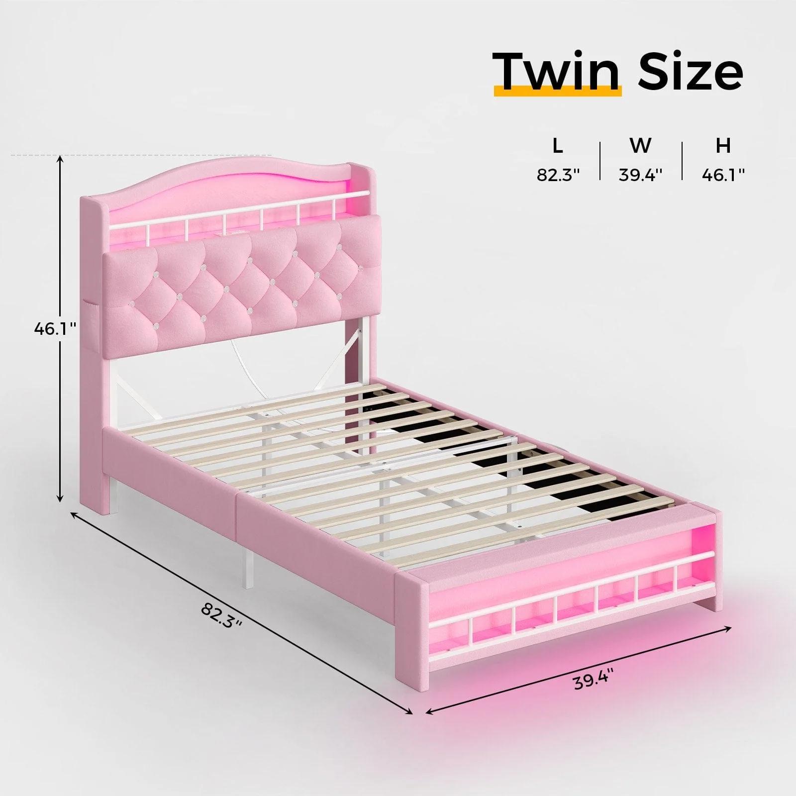 Sikaic Twin Size Princess Velvet Upholstered LED Bed Frame Pink Headboard & Storage Charging Station with RGB Lighting & 2 Outlets for Kids Sikaic Twin Size Princess Velvet Upholstered LED Bed Frame Pink Headboard & Storage Charging Station with RGB Lighting & 2 Outlets for Kids