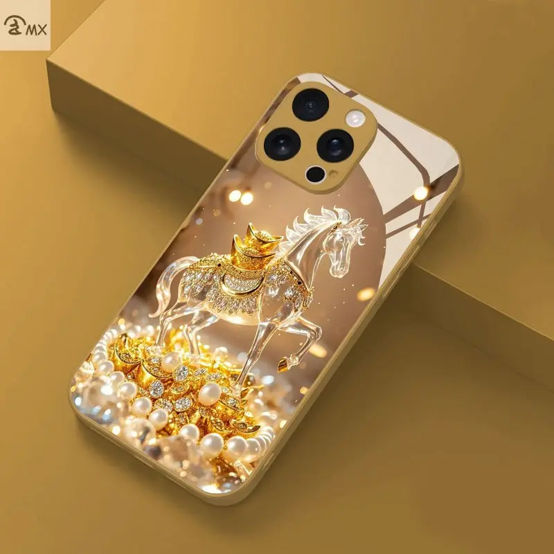 Golden Horse Auspicious Gold and Silver Jewelry Decorative Pattern Design Phone Case, suitable for iPhone 17/16/15/14/13/12/11 ProMax/Pro/Plus
