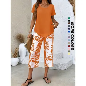 Spring/Summer Women's Casual Two-Piece Set: Light Blue Short-Sleeve Round-Top with Blue and White Leaf Print, Three-Quarter Wide-Leg Pants, Loose and Comfortable, Suitable Daily Outings, Home, Commuting, Versatile Casual Outfit
