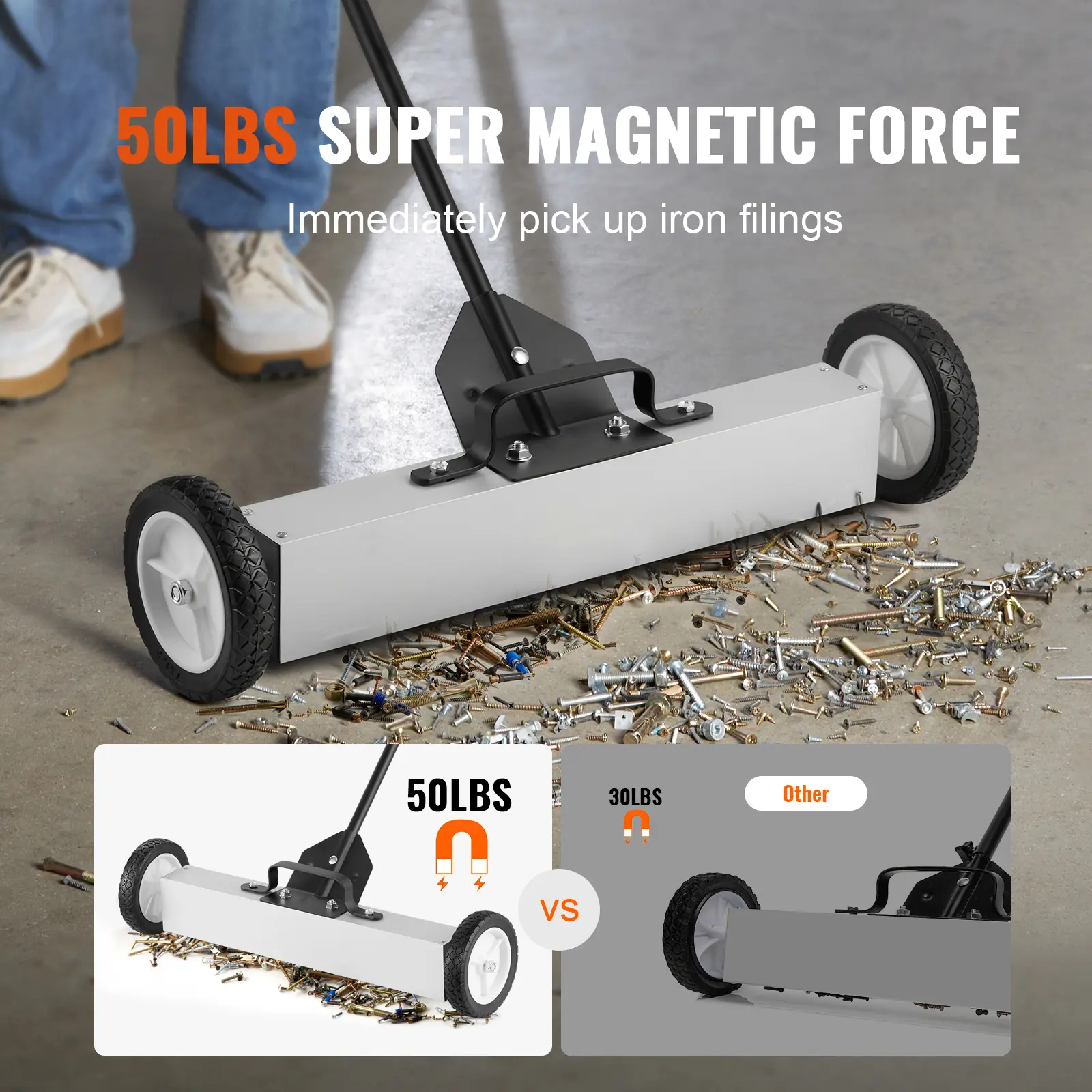 50Lbs Rolling Magnetic Sweeper With Wheels, Push-Type Magnetic Pick Up Sweeper, -inch Large Magnet Pickup Lawn Sweeper With Telescoping Handle, Easy Cleanup Of Workshop Garage Yard