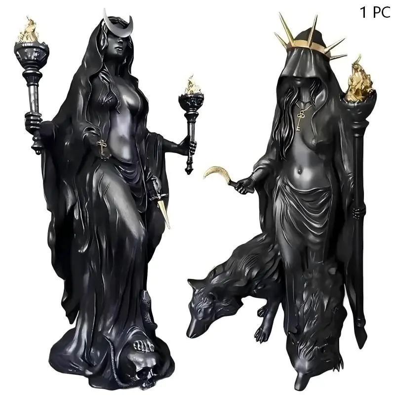 Gothic Hecate Statue, Dark Goddess Holding Torch, Halloween Decor, Mystical Altar, Resin Sculpture, Witchcraft Practice, Pagan Style