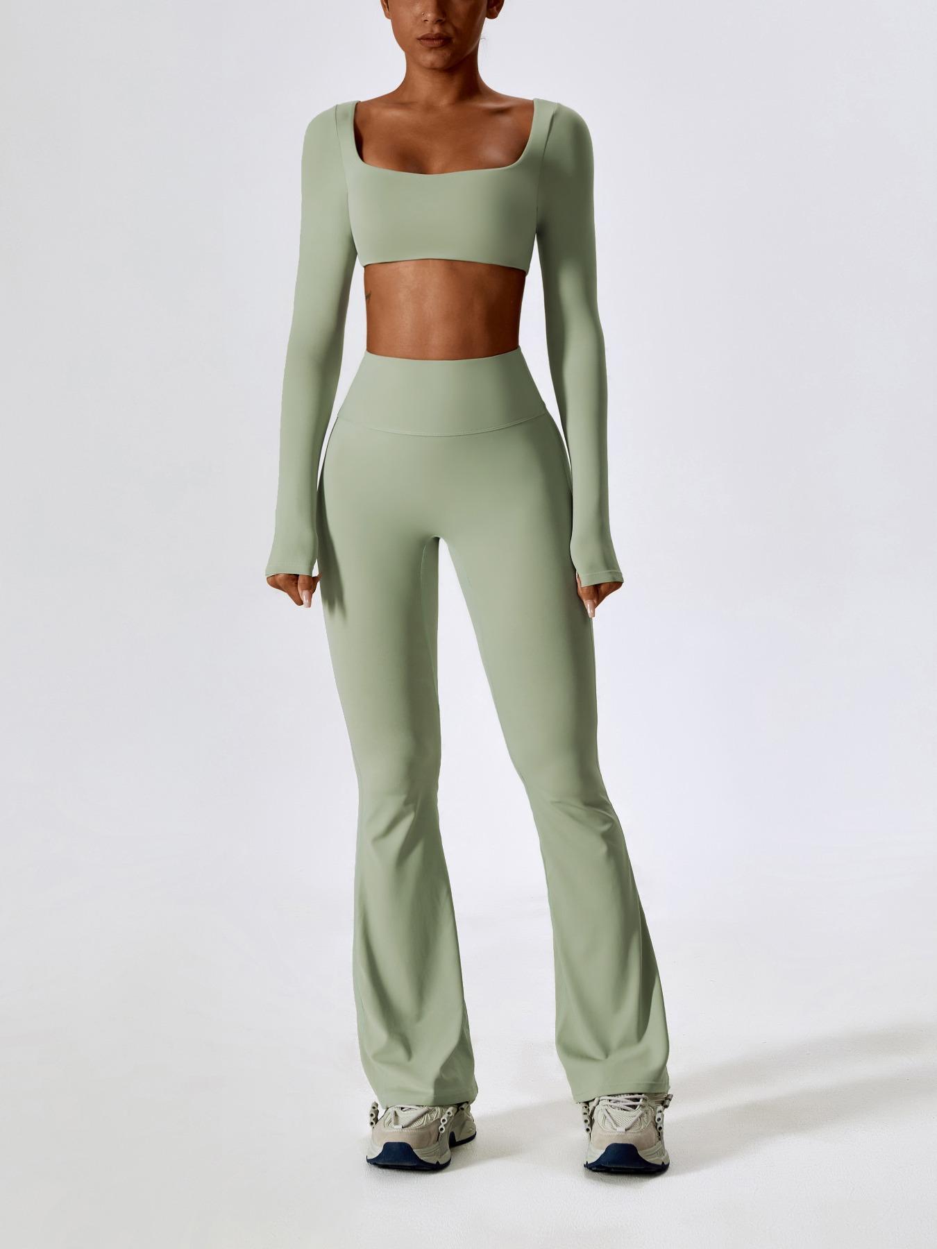 Women's Solid Square Neck Crop Top & High Waist Flare Leg Pants Set, Sporty Comfy Breathable Long Sleeve Top & Bell Bottom Trousers Two/Four-piece Outfits for Yoga Workout, Ladies' Clothes for All Seasons, Gym Wear, Sweatsuit Set
