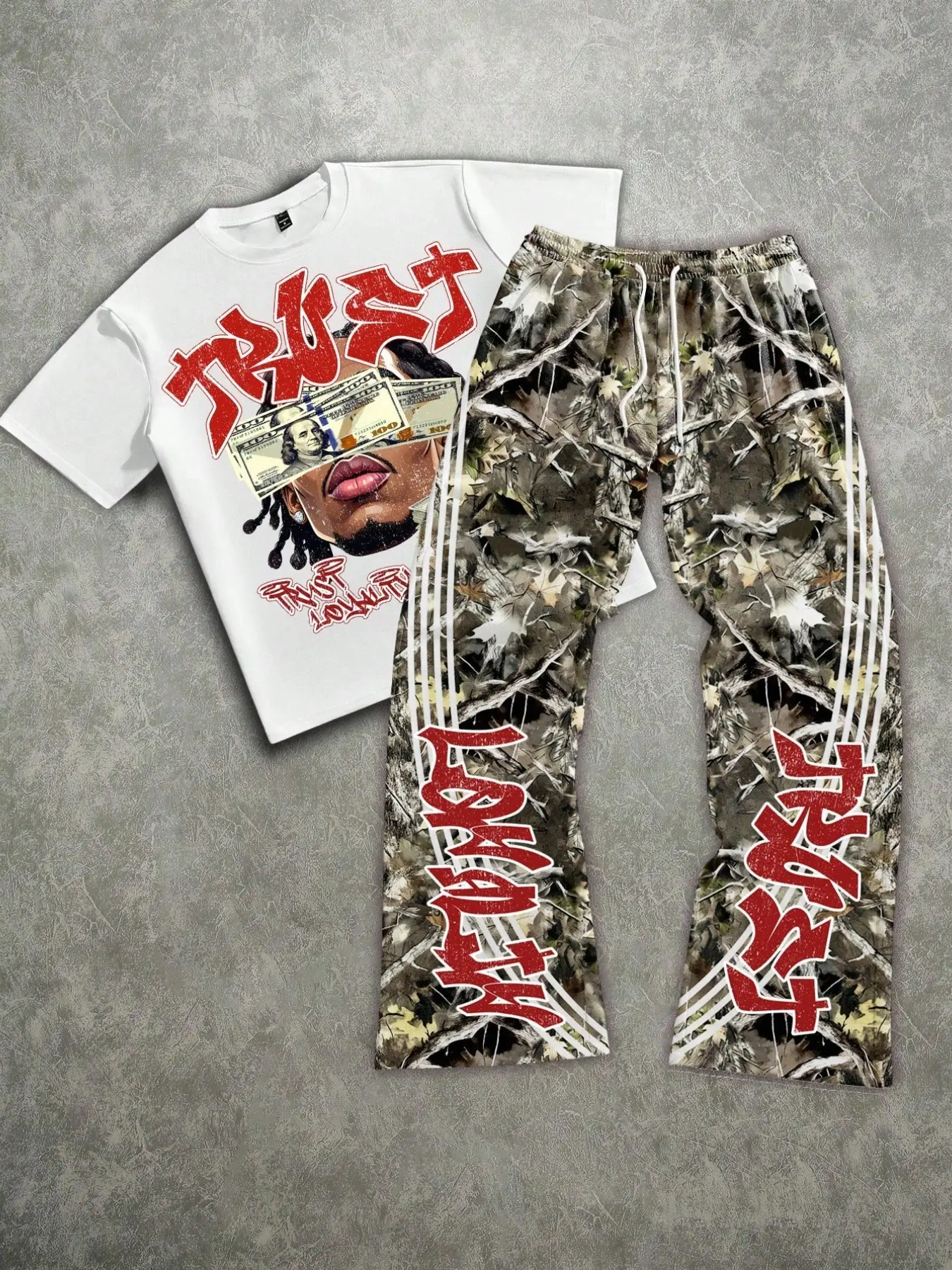 2PCS Unisex Tracksuit, Casual Sporty Design, Hip Hop Rapper Dollar Portrait Graphic Short Sleeve T-Shirt & Tree Camo Striped Letter Print Flare Pants Set, boyfriend gifts, mens fashion, mens holiday outfits, menswear clothing, streetwear casual hip hop