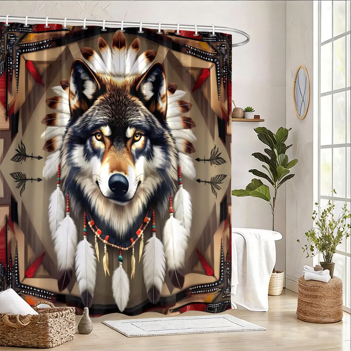Foldable 2D Flat Native Wolf Printed Art Shower Curtain Set, Wolf Collection with Multiple Styles, Dreamcatcher Feather Wildlife Pattern, Bathtub Hanging for Bathrooms, Includes 12 Hooks