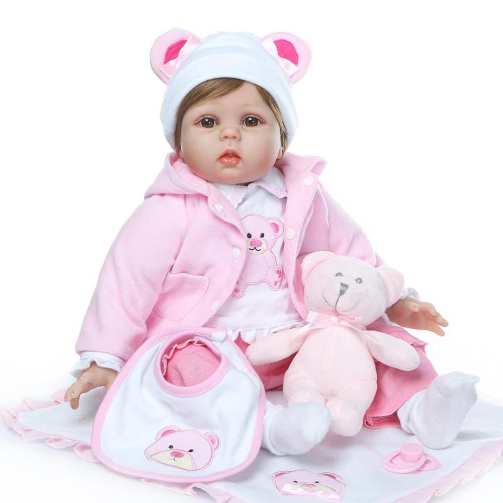22 Inch Realistic Girl Doll With Bear Doll, Realistic Baby Girl Doll with Plush Bear Set, Lifelike Reborn Baby Doll Set, Lifelike Reborn Doll, Gift Toy For Kids, Reborn Baby Dolls